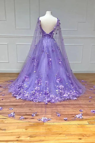 Vestido de fiesta largo con encaje floral 3D color lavanda, mangas acampanadas, PSK446