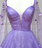 Lavender 3D Floral Lace A Line Sleeves Long Prom Dresses PSK446 by pgmdress