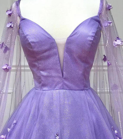 Vestido de fiesta largo con encaje floral 3D color lavanda, mangas acampanadas, PSK446