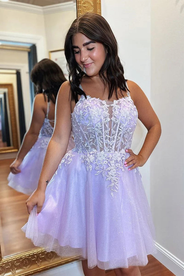A-line Appliques Lace-Up Tulle Lavender Homecoming Dress PD508 Hover Image