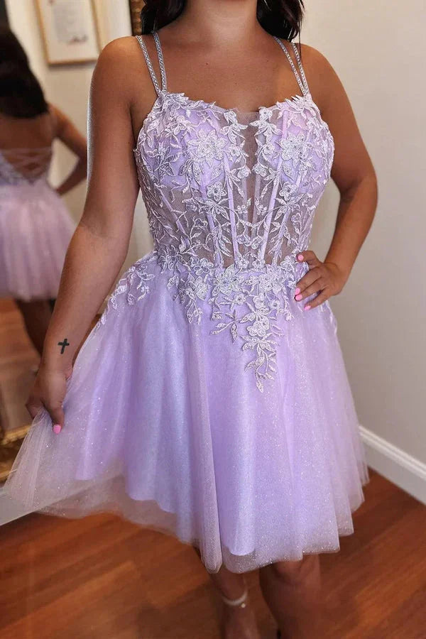 A-line Appliques Lace-Up Tulle Lavender Homecoming Dress PD508 by pgmdress