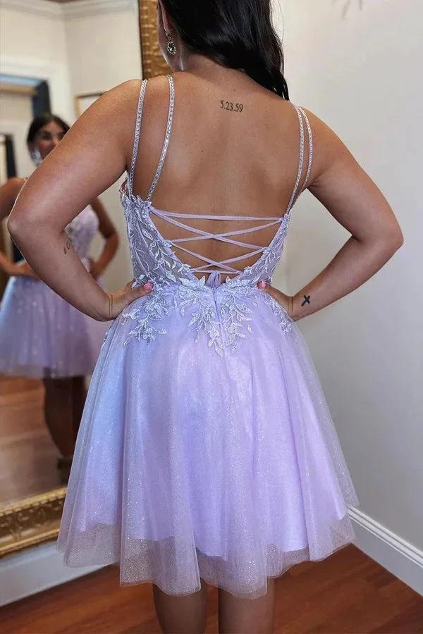 A-line Appliques Lace-Up Tulle Lavender Homecoming Dress PD508 by pgmdress