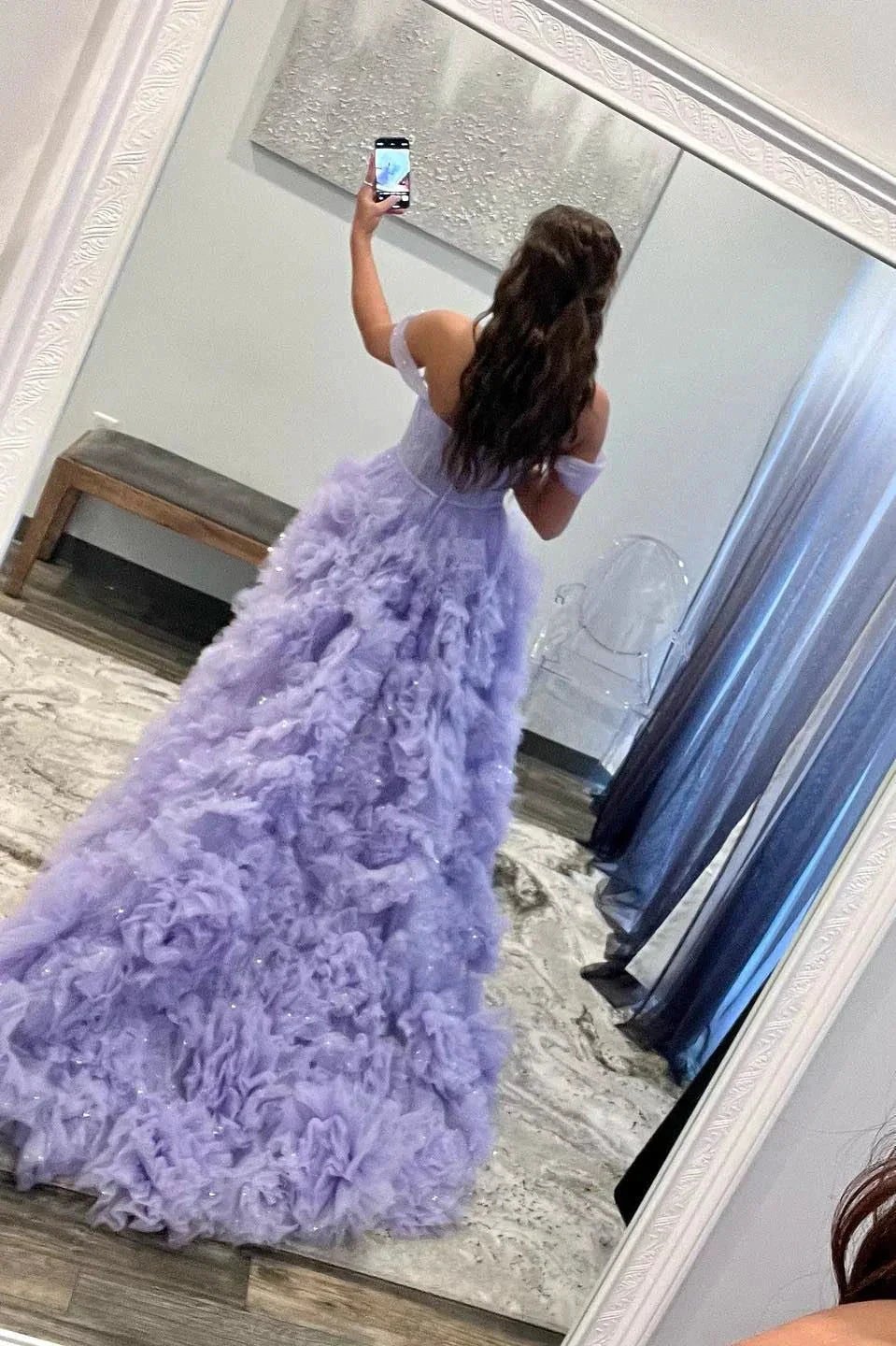 Lavender Off-the-Shoulder Ruffle Layers Prom Dress SYP145 by vivymakudress