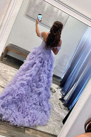 Lavendelfarbenes, schulterfreies Ballkleid mit Rüschenlagen SYP145