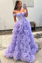 Lavender Off-the-Shoulder Ruffle Layers Prom Dress SYP145 by vivymakudress