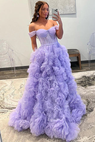 Lavendelfarbenes, schulterfreies Ballkleid mit Rüschenlagen SYP145
