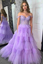 Lavender Off the Shoulder Sweetheart Lace Corset Ruffle Prom Dress PSK471 by pgmdress