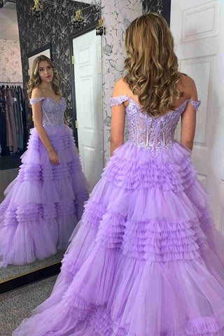 Vestido de fiesta lavanda con escote corazón, encaje, corsé y volantes PSK471
