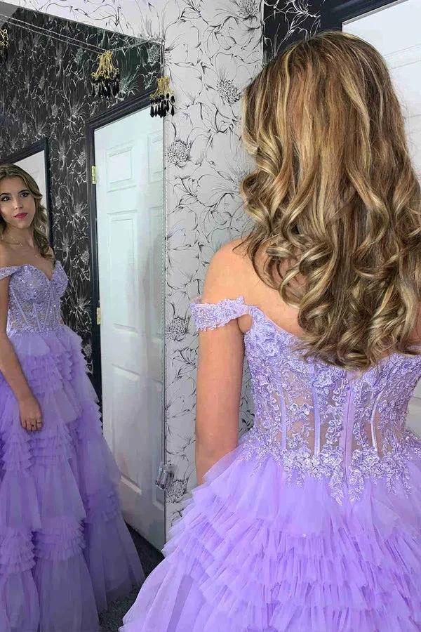 Lavender Off the Shoulder Sweetheart Lace Corset Ruffle Prom Dress PSK471 by pgmdress
