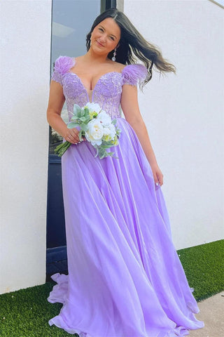 A-Linie Lavendel Tiefer Ausschnitt Off-the-Shoulder Langes Ballkleid mit Federn PSK433