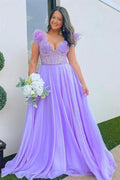A-line Lavender Plunging Off-the-Shoulder Feathers Long Prom Dress PSK433 by pgmdress