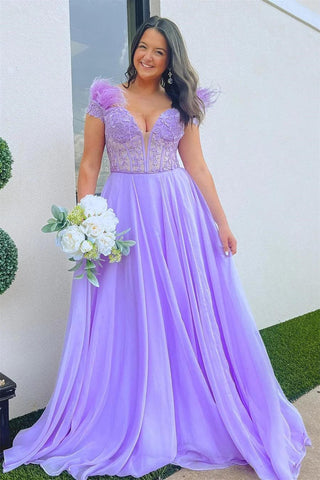 A-Linie Lavendel Tiefer Ausschnitt Off-the-Shoulder Langes Ballkleid mit Federn PSK433