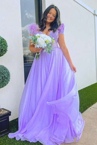 A-Linie Lavendel Tiefer Ausschnitt Off-the-Shoulder Langes Ballkleid mit Federn PSK433