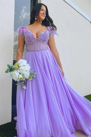 A-Linie Lavendel Tiefer Ausschnitt Off-the-Shoulder Langes Ballkleid mit Federn PSK433