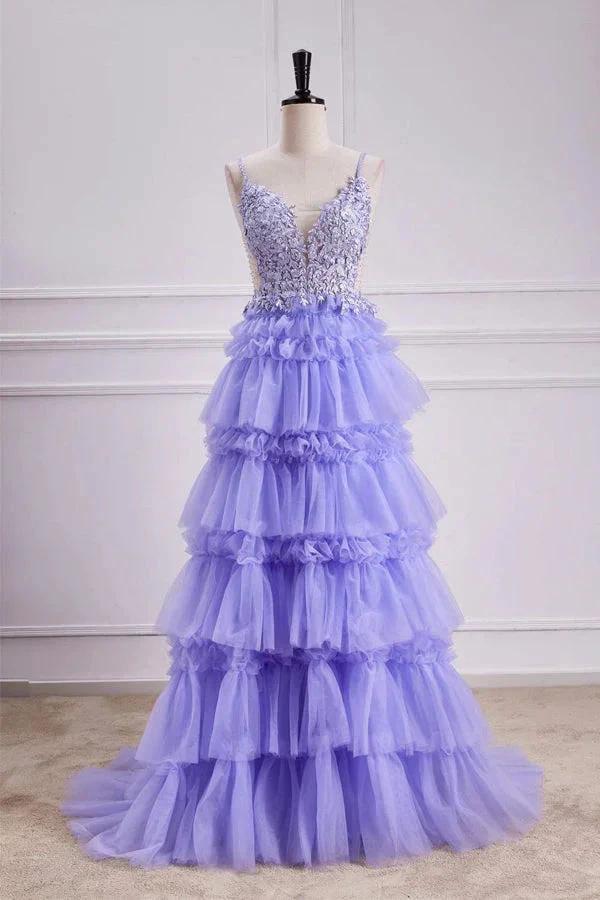 Lavender Plunging V Neck Floral Layers A-line Long Prom Dress PSK558 by pgmdress