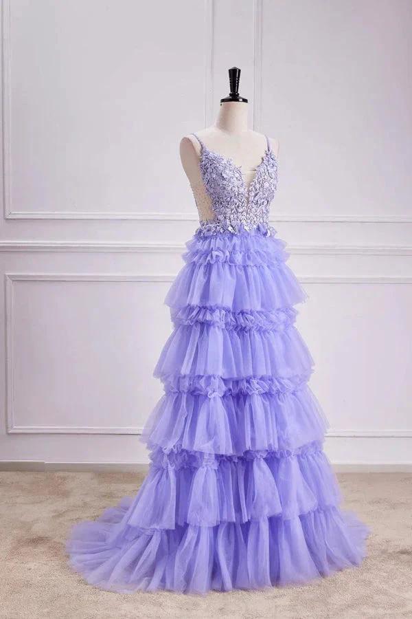 Lavender Plunging V Neck Floral Layers A-line Long Prom Dress PSK558 by pgmdress