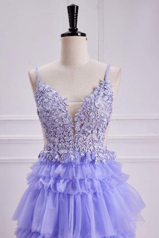 Lavendelfarbenes, tiefes V-Ausschnitt-Blumen-A-Linien-Ballkleid PSK558