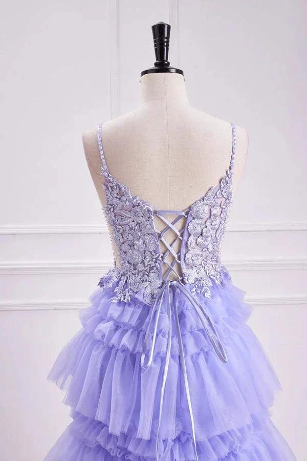 Lavender Plunging V Neck Floral Layers A-line Long Prom Dress PSK558 by pgmdress