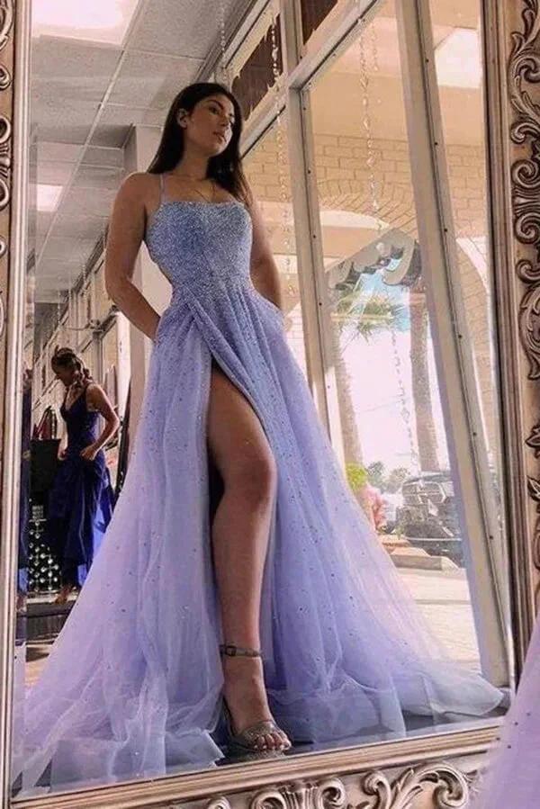 Lavender Tulle A-line Beaded Long Prom Dresses Party Dresses With Slit PSK436 by pgmdress