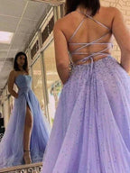 Lavender Tulle A-line Beaded Long Prom Dresses Party Dresses With Slit PSK436 by pgmdress