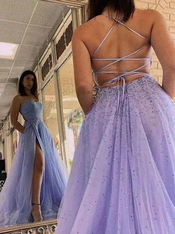 Lavender Tulle A-line Beaded Long Prom Dresses Party Dresses With Slit PSK436 by pgmdress