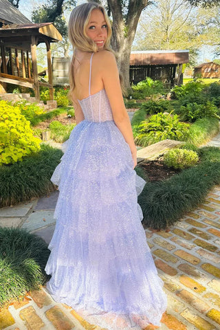 Lavendelfarbenes, gestuftes, langes Ballkleid mit Pailletten und Rüschen, formelles Kleid PSK543