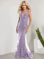 A-line V-Neck Floor-Length Lace Chiffon Mother of the Bride Dress With Applique Sequins Mermaid Dresses by Dreamylily