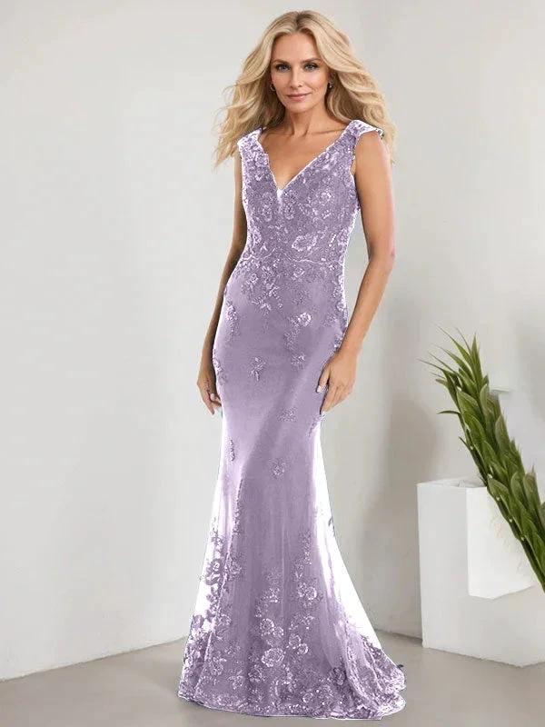 A-line V-Neck Floor-Length Lace Chiffon Mother of the Bride Dress With Applique Sequins Mermaid Dresses by Dreamylily
