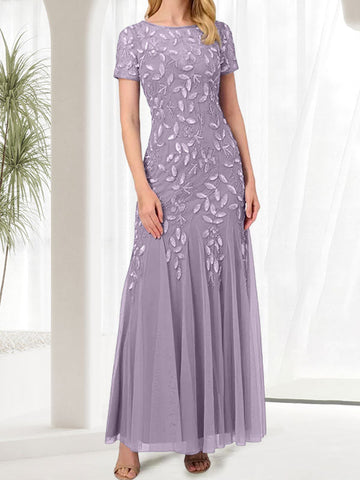 Vestido largo de sirena azul con cuello redondo para madre de la novia con cuentas