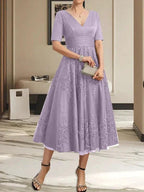 A-line V-Neck Tea-Length Tulle Lace Mother of the Bride Dress With Pleated by Dreamylily