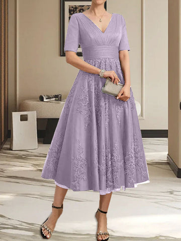 A-line V-Neck Tea-Length Tulle Lace Mother of the Bride Dress With Pleated