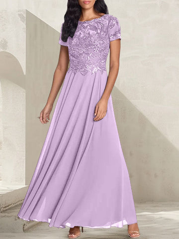 Vestido largo de madre de la novia con escote redondo, corte A, color gris carbón y cuentas