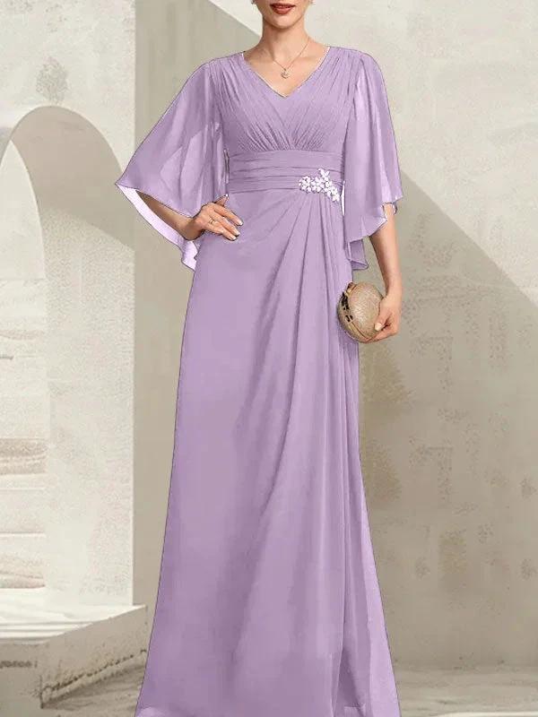 Sheath/Column V-Neck Floor-Length Chiffon Mother of the Bride Dress With Pleated Sequins Beading by Dreamylily