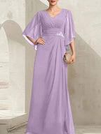 Sheath/Column V-Neck Floor-Length Chiffon Mother of the Bride Dress With Pleated Sequins Beading by Dreamylily