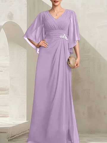 Vestido de gasa para madre de la novia, con escote en V, largo hasta el suelo, con lentejuelas plisadas y abalorios
