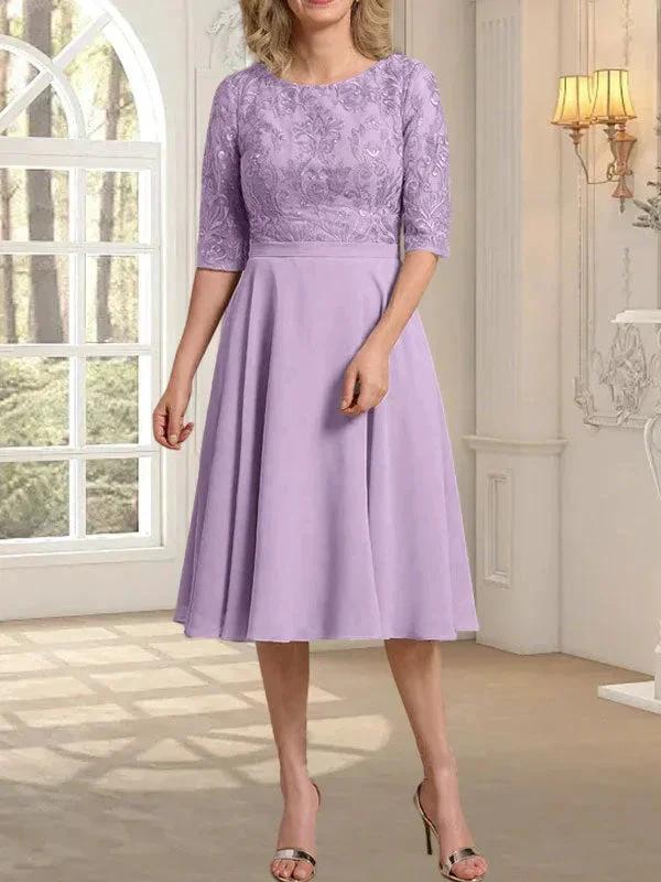 A-line Scoop Knee-Length Lace Chiffon Mother of the Bride Dress by Dreamylily
