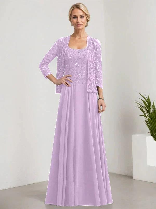 A-line Square Floor-Length Lace Chiffon Mother of the Bride Dress With Sequins by Dreamylily