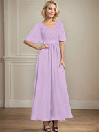 A-line V-Neck Ankle-Length Chiffon Mother of the Bride Dress With Pleated Beading Sequins by Dreamylily