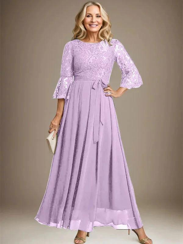 A-line Scoop Ankle-Length Lace Chiffon Mother of the Bride Dress With Bow by Dreamylily