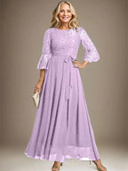 A-line Scoop Ankle-Length Lace Chiffon Mother of the Bride Dress With Bow by Dreamylily