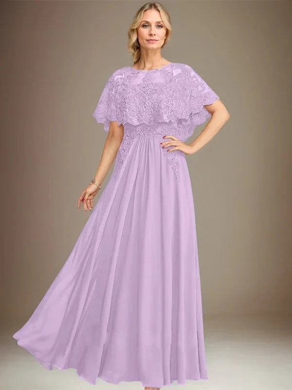 A-line Boat Neck Floor-Length Lace Chiffon Mother of the Bride Dress With Applique Sequins by Dreamylily