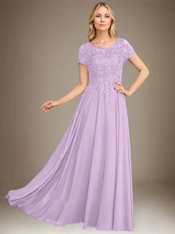 A-Line Scoop Floor-Length Chiffon Mother of the Bride Dress With Applique & Sequins by Dreamylily