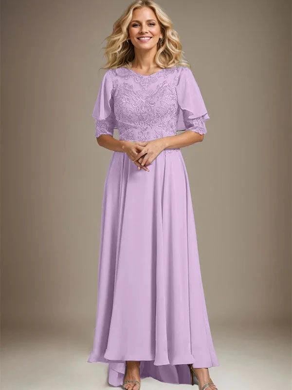 A-line Scoop Illusion Asymmetrical Chiffon Lace Mother of the Bride Dress With Beading by Dreamylily