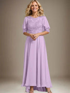 A-line Scoop Illusion Asymmetrical Chiffon Lace Mother of the Bride Dress With Beading by Dreamylily