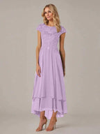 A-line Boat Neck Illusion Asymmetrical Chiffon Lace Mother of the Bride Dress With Applique Pleats by Dreamylily