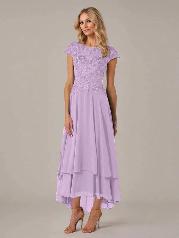 A-line Boat Neck Illusion Asymmetrical Chiffon Lace Mother of the Bride Dress With Applique Pleats by Dreamylily