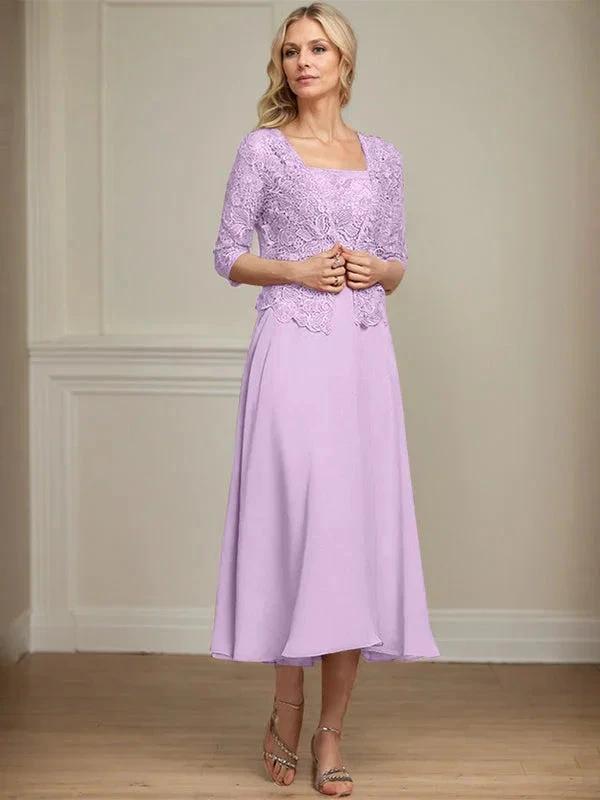 A-line Square Tea-Length Chiffon Lace Mother of the Bride Dress With Sequins Beading by Dreamylily