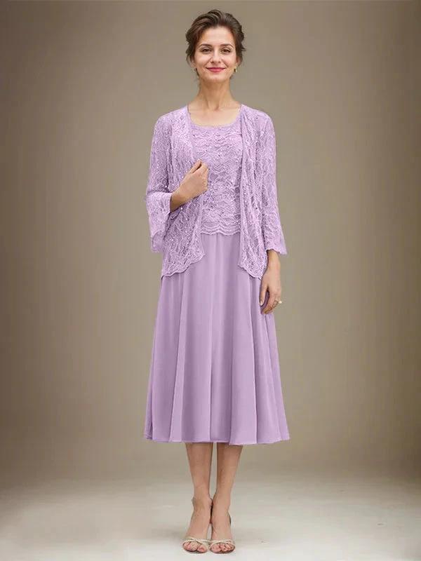 A-line Scoop Tea-Length Lace Chiffon Mother of the Bride Dress With Sequins by Dreamylily