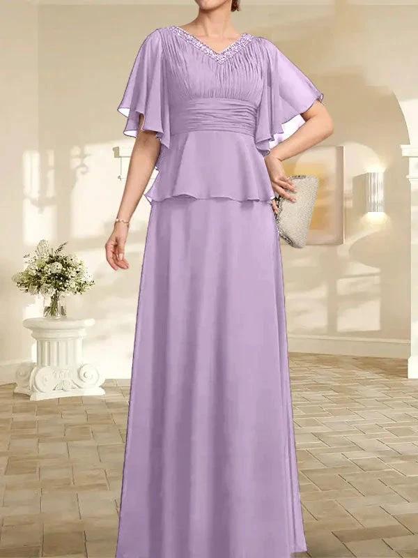 A-line V-Neck Floor-Length Chiffon Mother of the Bride Dress With Pleated Beading by Dreamylily