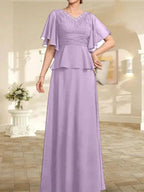 A-line V-Neck Floor-Length Chiffon Mother of the Bride Dress With Pleated Beading by Dreamylily